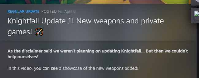CaptClownmouth's tweet photo. I love dev's like this! Good on you @LandfallGames for making this amazing game even more fun! It's 5.99 on steam and one of the best 6$ you'll ever spend!!! #KnightfallADaringJourney #KnightfallGame
https://t.co/OOki8KcO6Z https://t.co/sVBisSCxG6