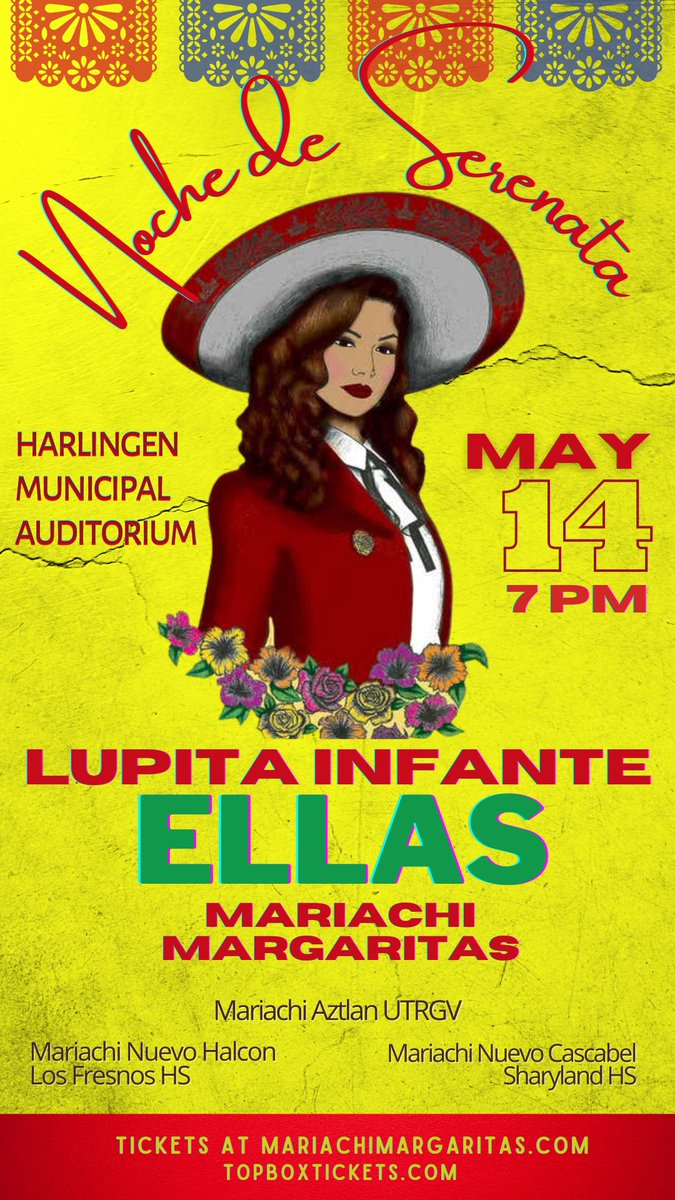 MariachiMarg's tweet photo. Lupita Infante in Harlingen Texas with Mariachi Margaritas on May 14! Buy your tickets! #RGV #Texas #nochedeserenata #BrownsvilleTx #LupitaInfante #MariachiMargaritas #HarlingenTexas https://t.co/LmcPLsHFub