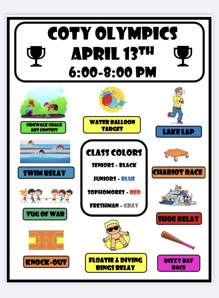 Campus students- Join us for Class of the Year (COTY) Olympics! Earn points for your grade by checking in and another point for wearing your class color. Check in will start on Wed at 5:40 in the lobby of the Natatorium. First event will start promptly at 6:00.