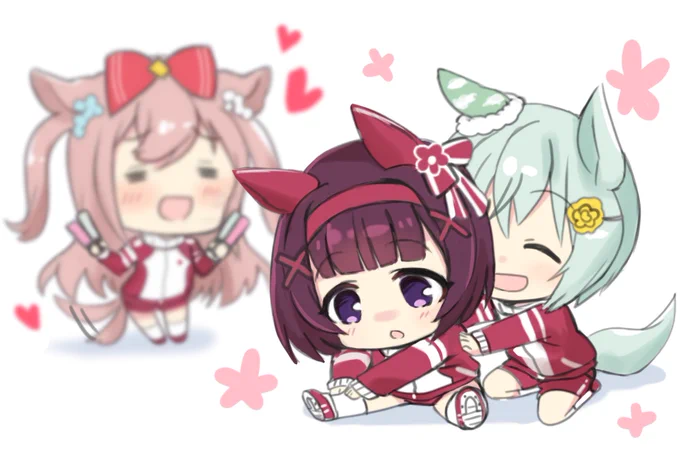 準備体操するニシノフラワー&セイウンスカイと、全力で見守るアグネスデジタルです🎀#ウマ娘 