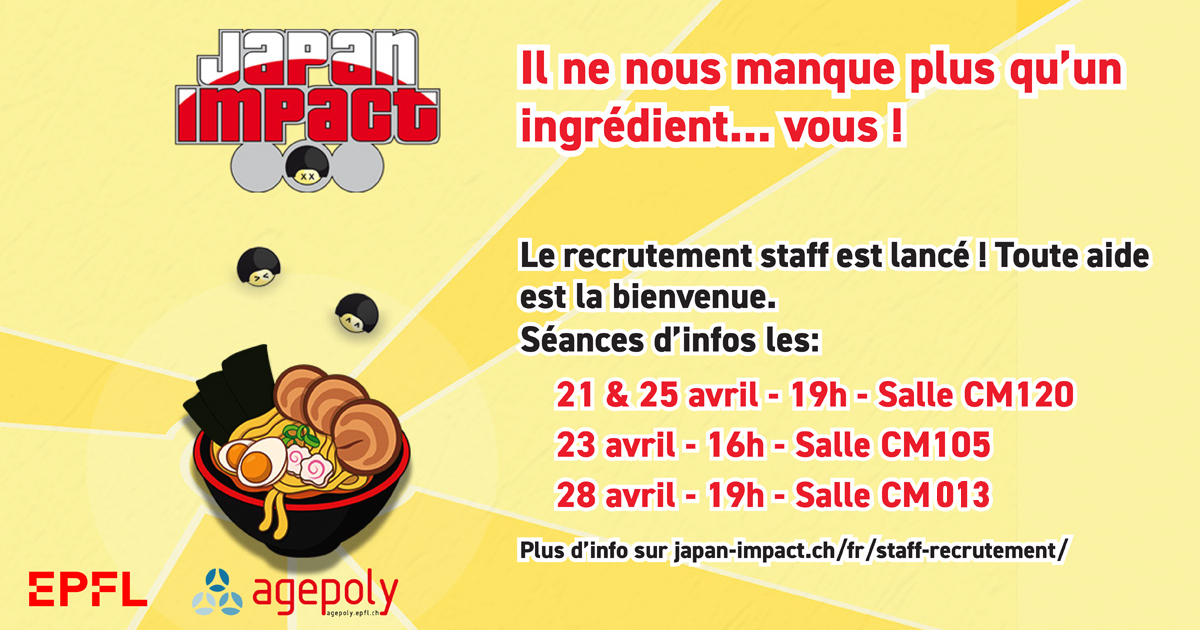 Tu souhaites découvrir la face cachée de ta convention préférée ? Les 20 et 21 août 2022, rejoins notre merveilleuse équipe de staff et participe à l’organisation de Japan Impact !
Viens à une des séances de recrutement ou inscris toi en ligne.