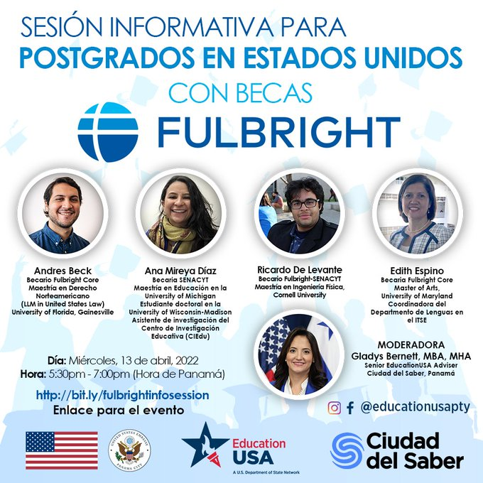FulbrightPanama's tweet photo. Sesión Informativa para Postgrados en Estados Unidos con Becas Fulbright Core y Fulbright Senacyt

Fecha: Miércoles, 13 de abril de 2022
Hora: 5:30 PM - 7:00 PM  (Panamá)
https://t.co/GFH2gAwAKp https://t.co/P71CgwGO5E