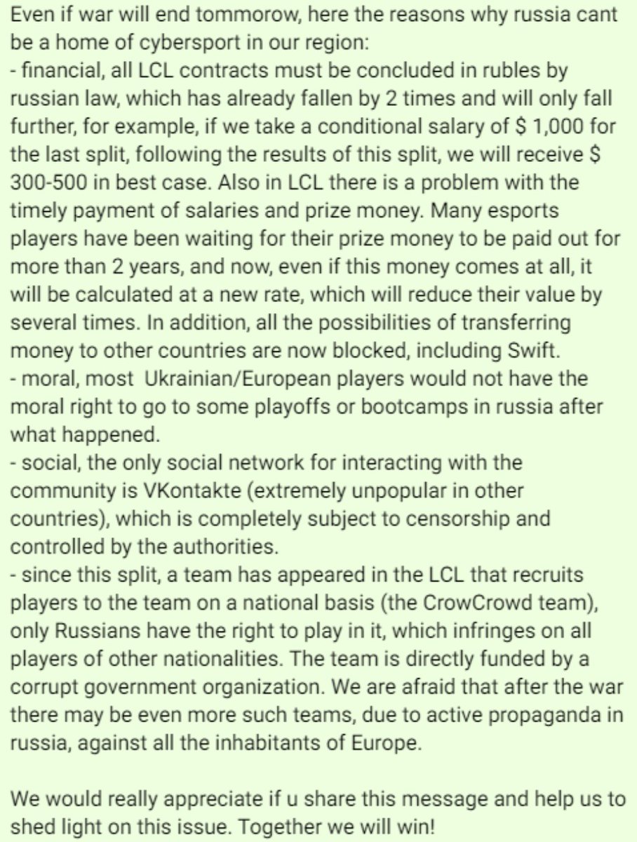 Riot Games continue working with russia and still sponsoring war against Ukraine by paying taxes, because of this, non-russian cybersportmen from LCL are united in composing a message to Riot and whole lol community. We would be glad if u helped us to shed light on this problem