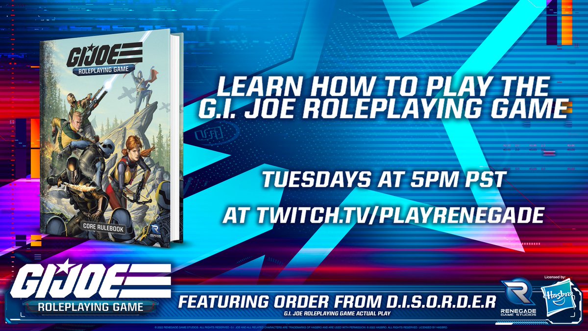 PlayRenegade's tweet photo. Our Twitch streaming schedule for next week includes the 2nd #GIJOE Roleplaying Game Actual Play featuring Order from D.I.S.O.R.D.E.R! Be sure to also join for another #HeroesOfTheGrid Live Play, and #VampireWednesday!
🎥 Full Schedule: https://t.co/hd8K7WSSLR https://t.co/nRypPoQZan