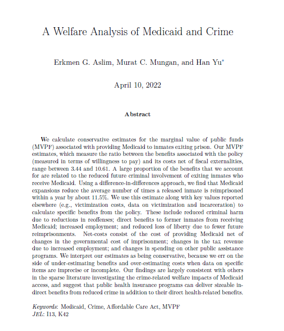 Erkmen G. Aslim (@girayaslim) on Twitter photo 🚨 New Working Paper 🚨
"A Welfare Analysis of Medicaid and Crime" (joint w/ <a href="/MuratCMungan/">Murat C. Mungan</a> and Han Yu)
The punchline: the marginal value of public funds (MVPF) associated with providing Medicaid to inmates exiting prison ranges between 3.44 and 10.61.
papers.ssrn.com/sol3/papers.cf… 🚨 New Working Paper 🚨
"A Welfare Analysis of Medicaid and Crime" (joint w/ <a href="/MuratCMungan/">Murat C. Mungan</a> and Han Yu)
The punchline: the marginal value of public funds (MVPF) associated with providing Medicaid to inmates exiting prison ranges between 3.44 and 10.61.
papers.ssrn.com/sol3/papers.cf…