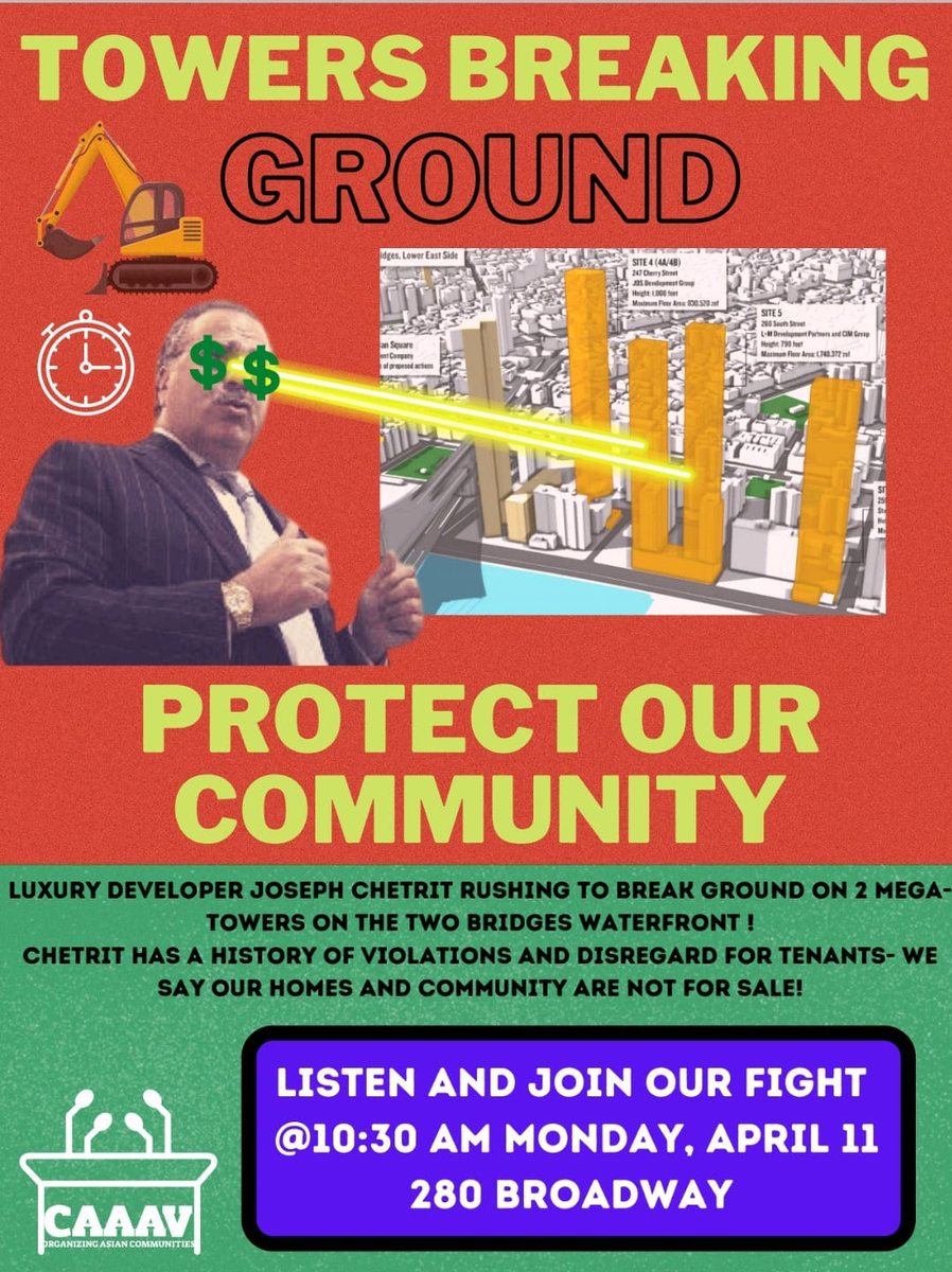 ATTN: On Friday, <a href="/NYC_Buildings/">Department of Buildings</a> gave megadeveloper Chetrit permission to move construction materials onto the proposed Two Bridges site. So tomorrow morning, we're heading there to demand that they #CheckChetrit and revoke the permits for them to build. (cc: <a href="/TUFFxLES/">TUFF-LES</a>, <a href="/yuhline/">Yuh-Line Niou</a>)