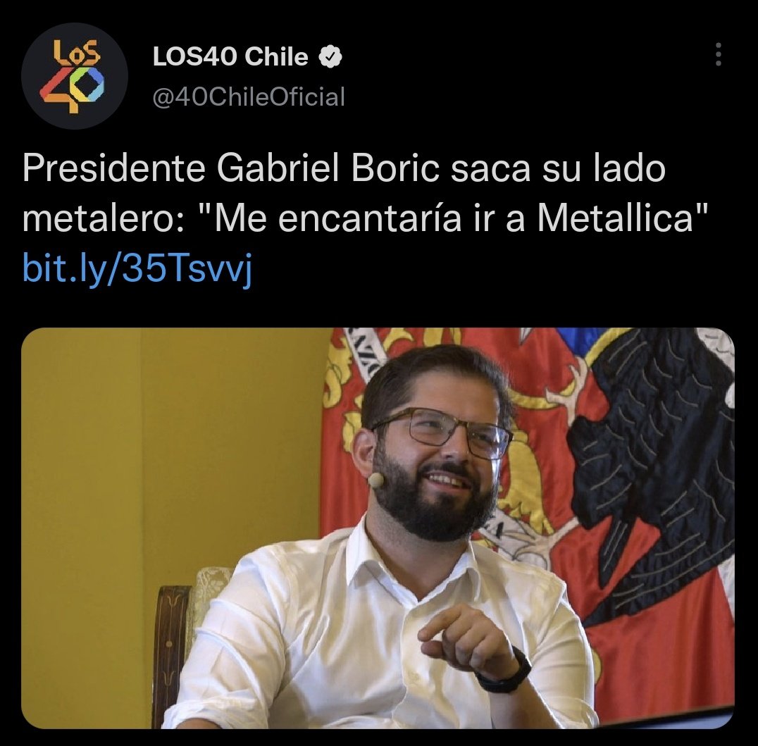 #MetallicaAlNacional
Eso!! Ahora solo apoyemos para que se haga realidad en el Nacional!! <a href="/gabrielboric/">Gabriel Boric Font</a> <a href="/Presidencia_cl/">Presidencia_cl</a>