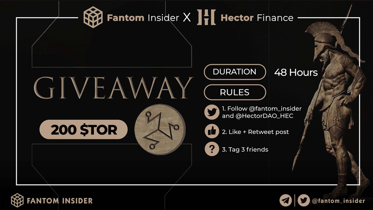 insider_sonic's tweet photo. 🎁 GIVE AWAY 🎁

We are thrilled to announce our collaboration with @HectorDAO_HEC for a GIVEAWAY 🎉

⚡️ 1 lucky winner will receive 200 $TOR ⚡️

Rule:
✅ ❤️ + RT
✅ Follow @fantom_insider and @HectorDAO_HEC 
✅ Tag 3 friends

Duration: 48 hours

#FantomInsider #HectorFinance https://t.co/rfneG6XdDQ