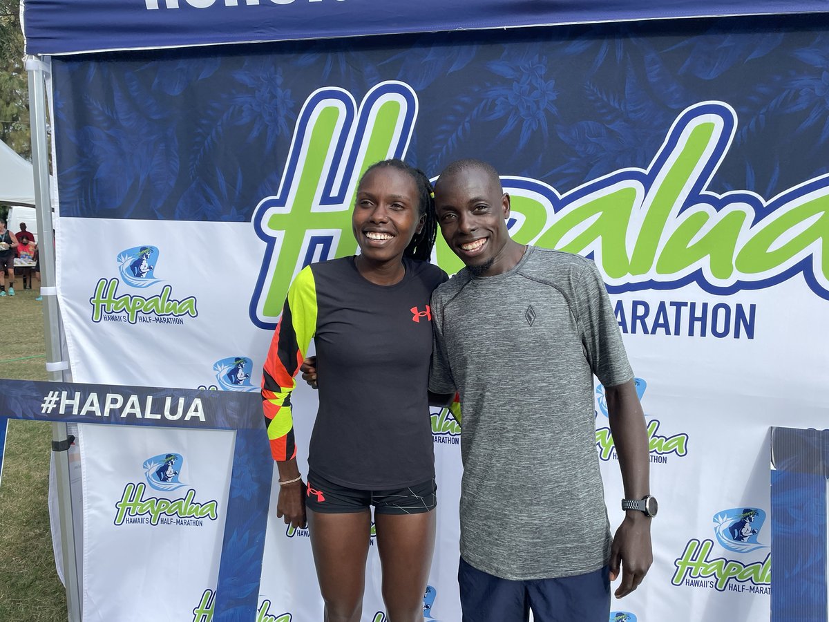Sharon Lokedi wins the Chase at the Hapalua Hawaïis half marathon. She had 8 min head start on fiancé Ed Cheserek who finished second. 
Race times.  
Sharon Lokedi 1:09:20
Ed Cheserek 1:03:47