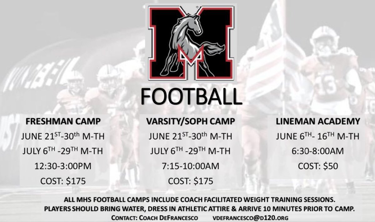 MundFootball's tweet photo. MHS Football Summer Camp Registration is live! JOIN US.
Link: https://t.co/WrrPmu7PVX https://t.co/sWHw8bBt5V