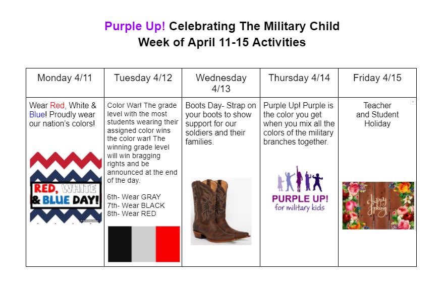 YMartinez36's tweet photo. Donโt forget that this week we are celebrating our military children! ๐#PurpleUp #militarykids @NISDZachry @NISDZachryCyber https://t.co/iPWSZ5Pcit