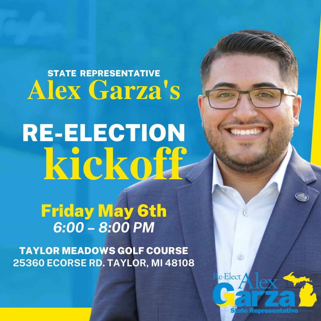 AlexGarza4Rep's tweet photo. It's official! I'm running for re-election in the new HD 29. I'm honored to represent our community in Lansing and excited to continue building on the accomplishments we've made together. Join me May 6th here in Taylor to kick off my campaign: https://t.co/BhrsuWELmX https://t.co/ZuPCjMeA4s
