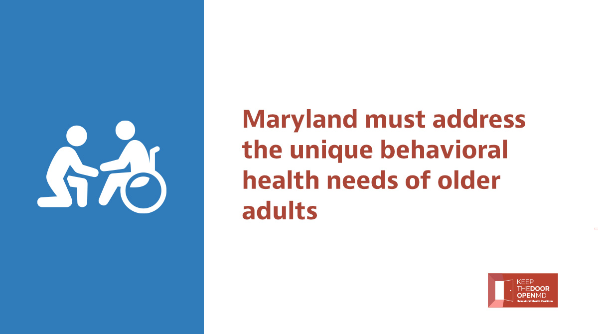keepdooropenmd's tweet photo. Marylanders over 65 account for the largest increase in suicide rates, the longest average length of psychiatric hospital stays, &amp; a steadily increasing overdose rate. This #MDGA22, Maryland must address the unique behavioral health needs of older adults. https://t.co/qGqznWudH9 https://t.co/IMuJXuXspE