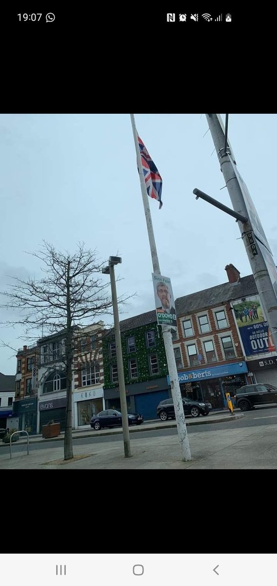 CLoyalists's tweet photo. So this is Portadown town centre. SF have erected an election poster on the main flagpole outside the St Marks Church on a Sunday. They have NO shame. https://t.co/FqEXOzji1D