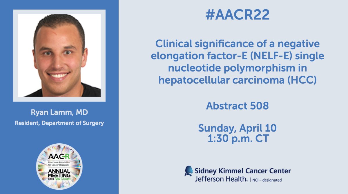 #AACR22: Dr. Ryan Lamm @JEFFSurgery presents findings on a correlative relationship between race, etiology, and improved outcomes in patients with hepatocellular carcinoma with the germline single nucleotide polymorphism (SNP) of NELF-E: abstractsonline.com/pp8/#!/10517/p…