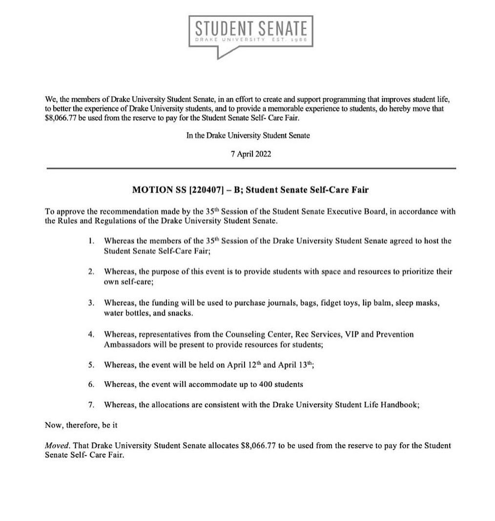 DrakeSenate's tweet image. April 7th: The 35th Session unanimously passed the attached resolutions. We are proud to support initiatives and programs that make positive contributions to our campus and community at-large!