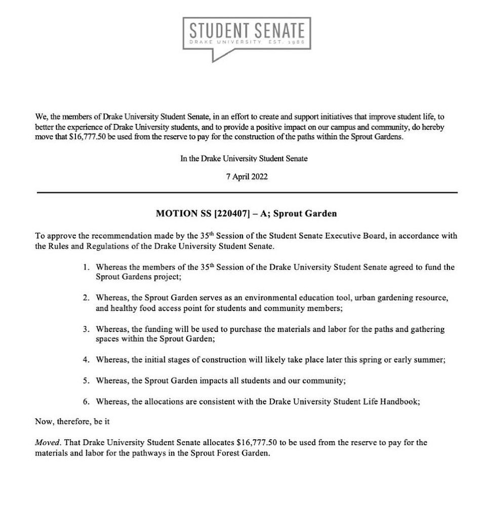 DrakeSenate's tweet image. April 7th: The 35th Session unanimously passed the attached resolutions. We are proud to support initiatives and programs that make positive contributions to our campus and community at-large!