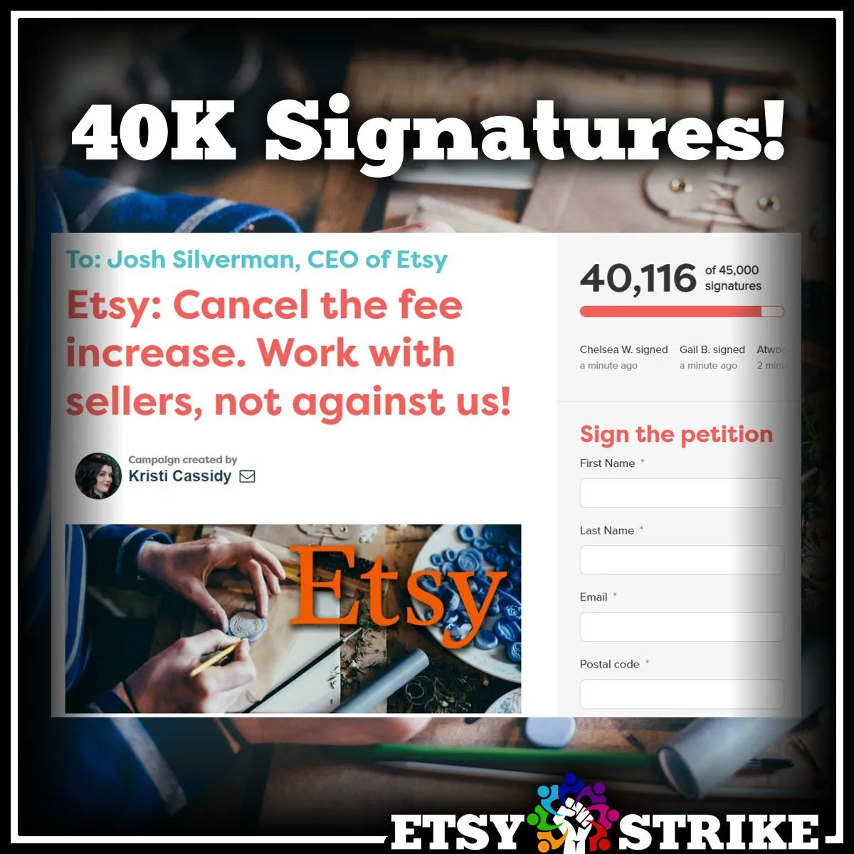 IndieSellersGld's tweet photo. Yay!  We passed 40K signatures!  (Over 15K are sellers!!)  Thank you so much everyone for helping us spread the word!  #etsystrike #activism #milestones #onaroll https://t.co/fWrUUUmGRS
