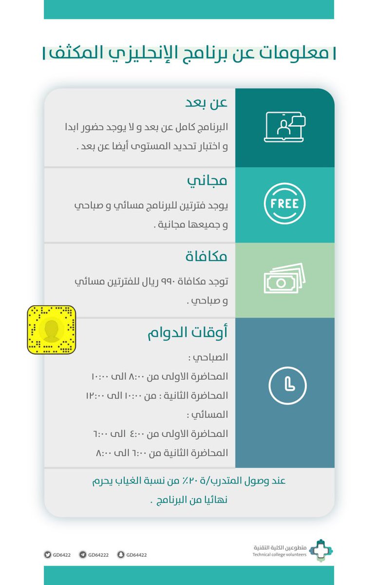 GD6422's tweet photo. 🌟 برنامج اللغة الانجليزية المكثف .. 

🔸معلومات عن البرنامج ..
🔸شروط البرنامج .. 

♦️ الى الان لم يتم اعلان موعد التقديم على البرنامج .. https://t.co/KcemMviQwp