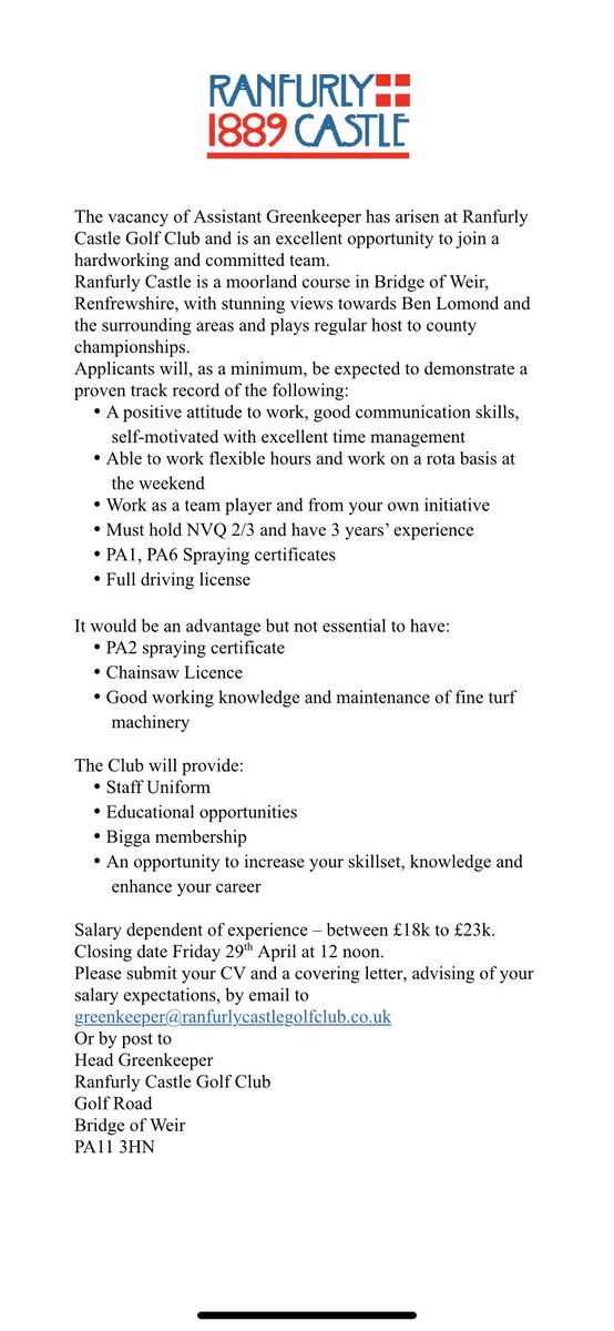 An opportunity has arisen to join our greenkeeping team at <a href="/gc_ranfurly/">RanfurlyCastleGC</a>
