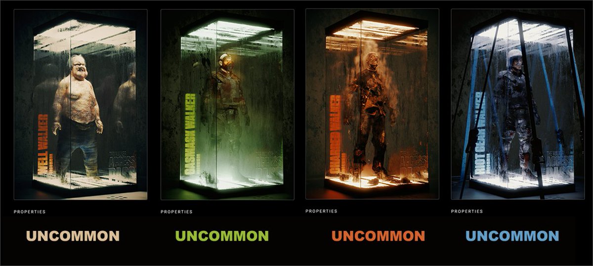 Here are all the rarity levels of the Walker Access Passes 

🏆Gold Winslow - LEGENDARY
🧊Ice and Onyx Winslow - EPIC
🚲Bicycle Girl - Super Rare
🧗🏽‍♂️Scavenger Walker - Rare
🔥Pantry, Well, Gas Mask, Charred Walker, and Riot Gear - Uncommon

which ones are in your wallet?