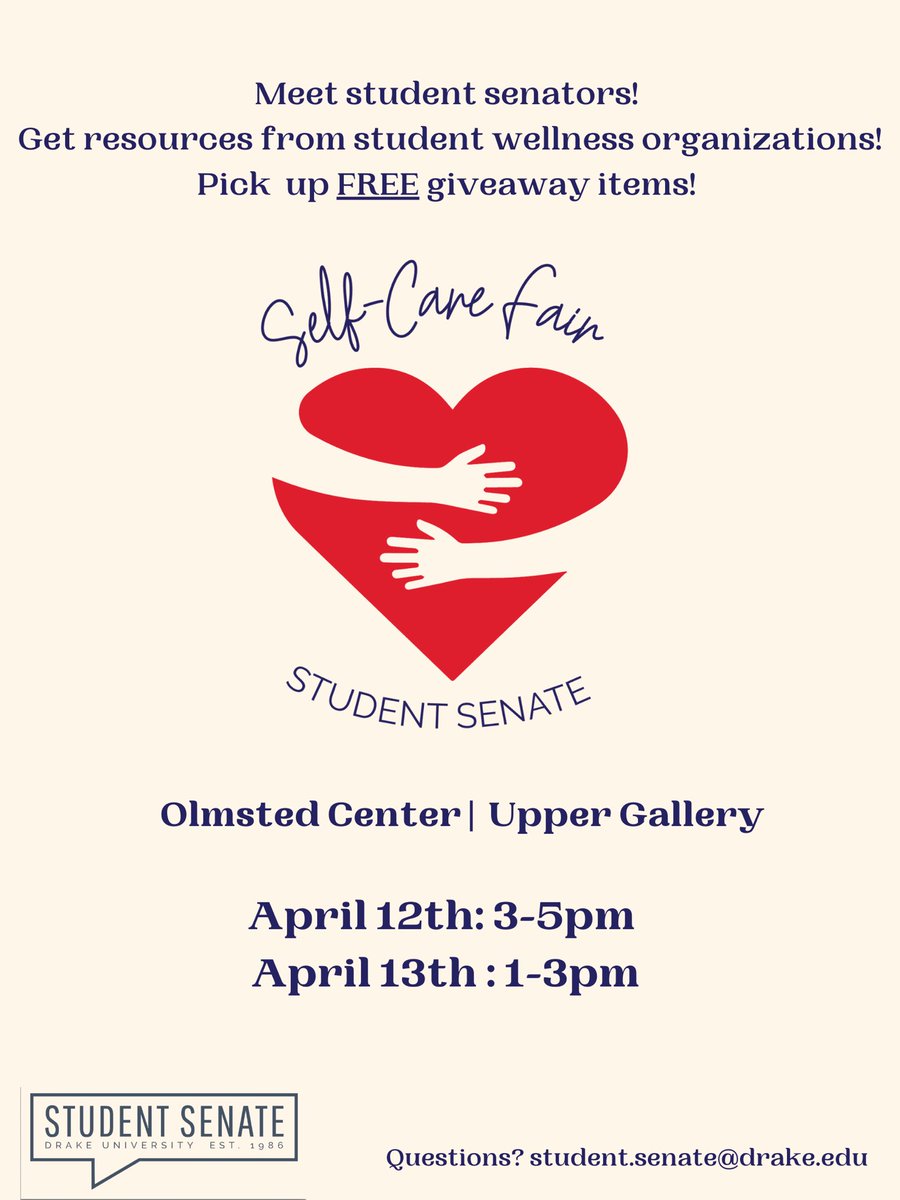 DrakeSenate's tweet image. Join us for our "Self Care Fair". We are excited to provide our fellow students with some items that are geared towards self-care! We want to show you that we care by creating a space with resources to prioritize your own self-care. First come first serve!