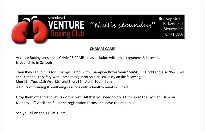 Tomorrow Morning,We Start CHAMPS CAMP! It Is Free Of Charge And Includes A Free Meal.. Just Turn Up! Can’t Make Any Days? No Problems.. Come When You Can #CHAMPSCAMP#FREEACTIVITIES#TEAMVENTURE! 🥊🥊