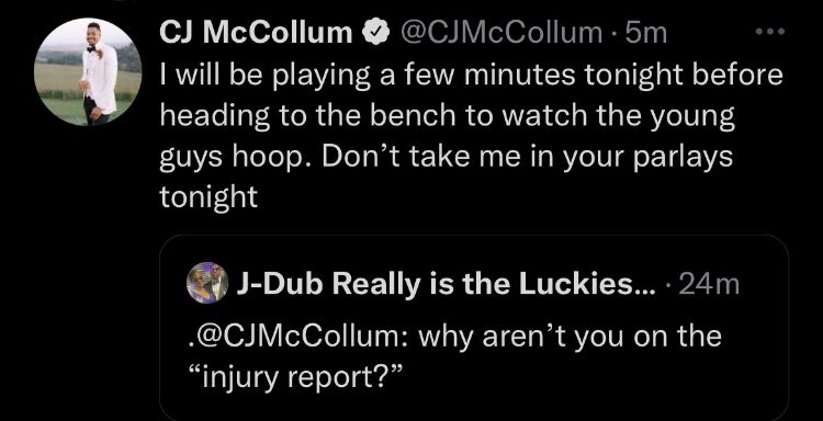 Pickswise's tweet photo. CJ McCollum is a legend for letting bettors beware 💀 https://t.co/GocdUQOqMw