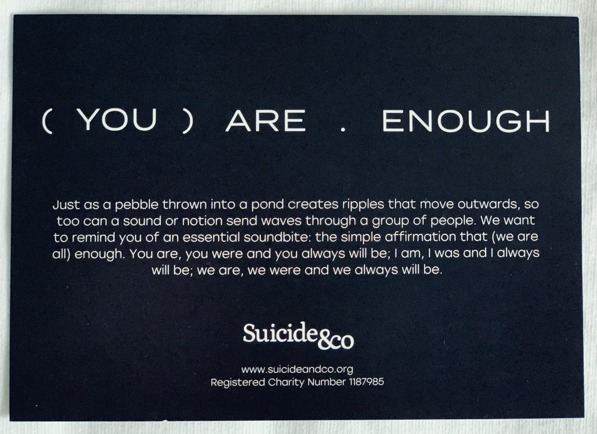 SarahLowesED's tweet photo. I recently lost a much loved friend to suicide. It’s hard to know what to do in the aftermath as I can’t make it better for him or for me 😔 It felt right tho to support this campaign by @suicideandco However you are feeling about yourself today please know #youareenough 🥰❤️🥰 https://t.co/fMeG6uFMPq