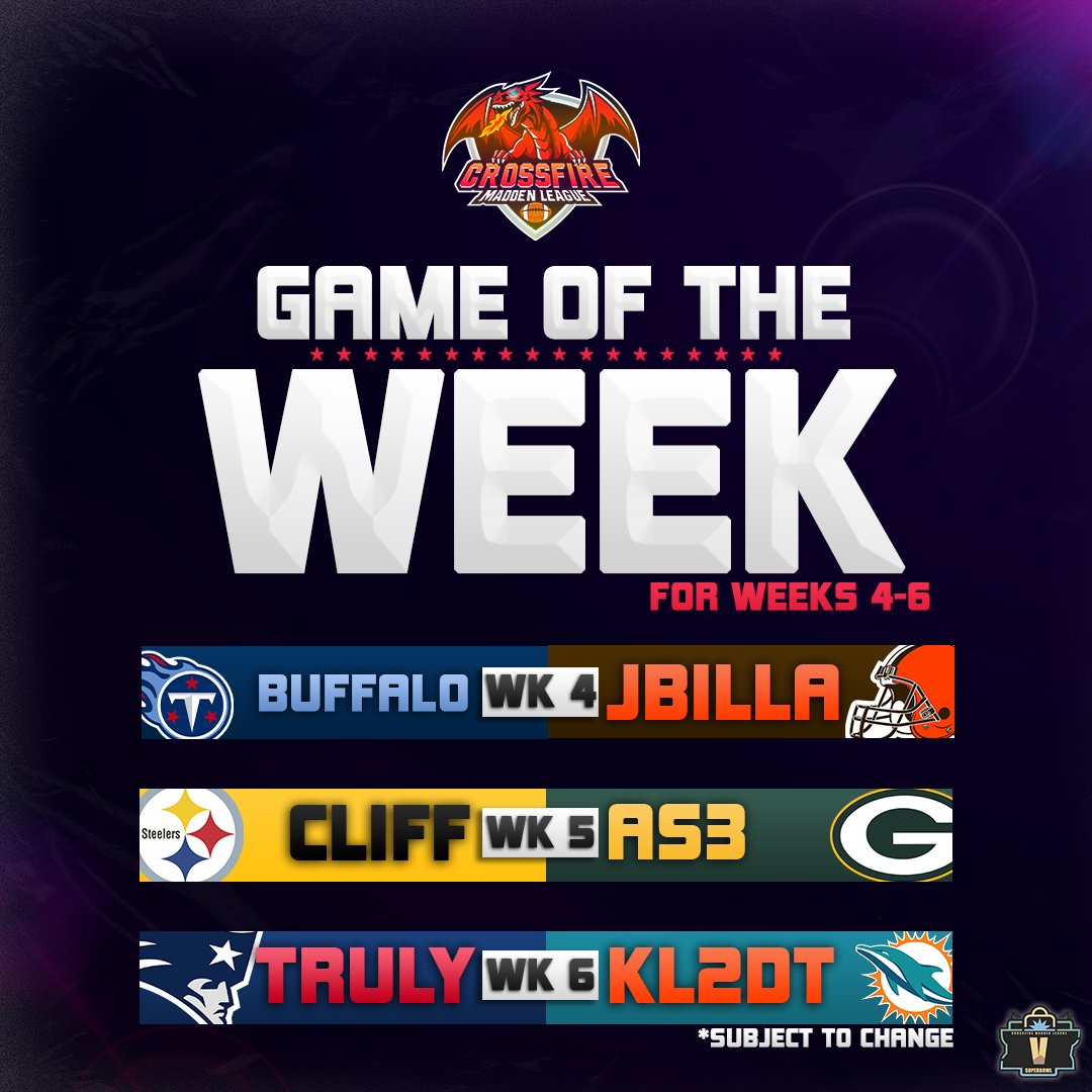 CrossfireLG's tweet photo. Upcoming GOTWs for Weeks 4-6! Which game are you interested in? 🤔 #RoadToV
#FranchiseNation #Madden22 x @EAMaddenNFL @leaguecrawler @CFMNetwork @neonsportz https://t.co/F7fJRNIoAn