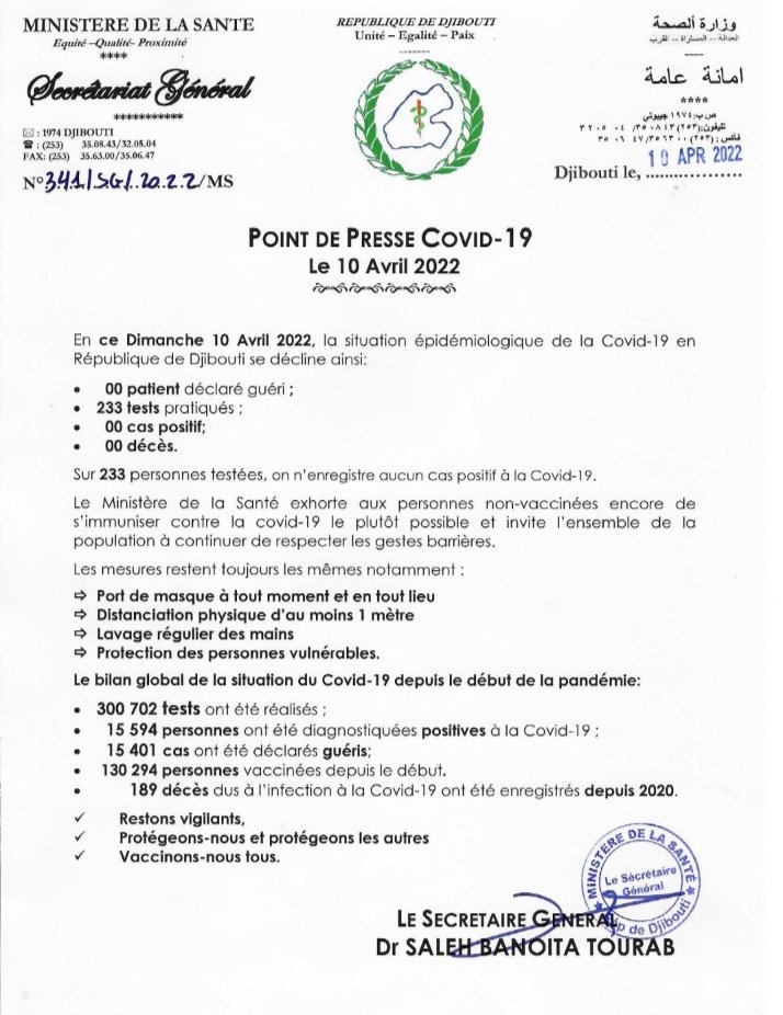MinSantedj's tweet photo. 10 AVRIL 2022

POINT DE PRESSE SUR LA SITUATION ÉPIDÉMIOLOGIQUE DE LA COVID19 PAR LE SECRÉTAIRE GÉNÉRAL DE LA SANTÉ Dr SALEH BANOITA TOURAB.

#RamadanMubarak

#RestezVigilants
#Testezvous 
#vaccinezvous
#COVID19DJ
#OmicronVariant
#variantdelta 
#Djibouti https://t.co/dQW1xGpgRD