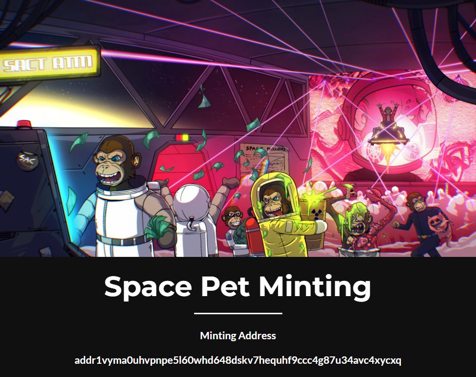 SpaceApeClub's tweet photo. Minting for Space Ape Pets is now live utilizing SACT token utilityπ
Mint Website:
https://t.co/1RIIAF5P8k
@MuesliSwapTeam for SACT token (You need 50 SACT tokens minimum to mint a pet):
https://t.co/0nBCYblcHq
Show off your pets and tag us Ape Fam!
Updates in SAC Discord https://t.co/edaCzbxHwa