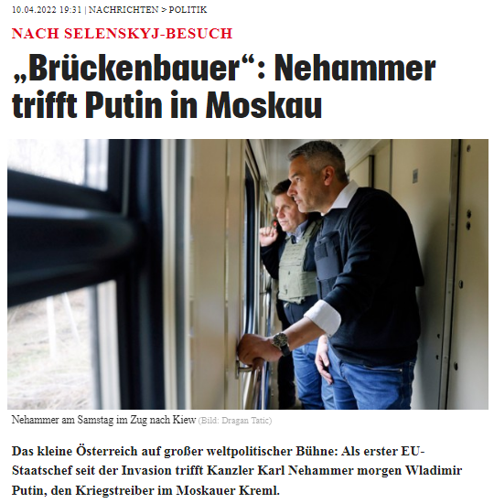 NewsZapper's tweet photo. #Austria
Nach Selenskyj-Besuch:
Als erster EU-Staatschef seit der Invasion trifft Kanzler Karl Nehammer morgen Putin
https://t.co/AOvvIEmasS

Chancellor Karl Nehammer reportedly seeks to become ‘bridge builder’ between two nations
https://t.co/Gt4OOgZkRQ
#UkraineWar #UkraineKrieg https://t.co/1AsyBkvHSA
