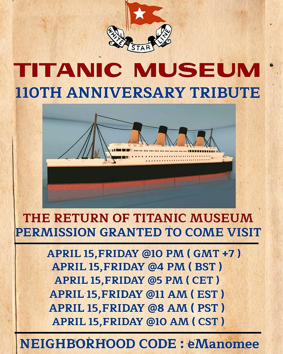 aldrensia's tweet photo. TITANIC MUSEUM REOPEN

 110TH ANNIVERSARY TRIBUTE

Dont forget to come see yah there 😊
#bloxburgbuilds #bloxburg #roblox
@RBX_Coeptus @FroggyHopz_RBLX https://t.co/pWNYvBAppZ