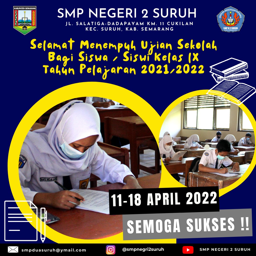 GridasOfficial's tweet photo. Selamat Menempuh Ujian Sekolah bagi Siswa Kelas IX
Tahun Pelajaran 2021/2022
SMP NEGERI 2 SURUH
Semoga Sukses
#ujian #ujiansekolah #Gridash #SMPN2Suruh #KabupatenSemarang https://t.co/vFsD2VjW0x