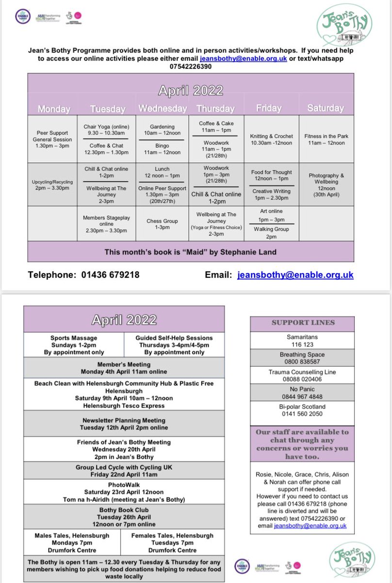 April programme out for members! Not a member yet but would like to improve your mental health &amp; wellbeing? If you live in Helensburgh &amp; Lomond and are over 16 contact us for a membership form