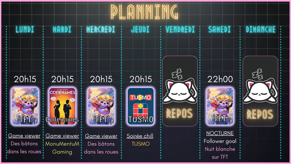 Coucou les amis 💜

Voici le planning de la semaine prochaine !

L'objectif des 500 follows sur #twitch est atteint (merci à vous !) : Je fait donc une nocturne sur #TFT samedi 16 avec <a href="/Guormundr/">LTM Guðrmundr</a> Venez nombreux !

#twitchfr #streamfr 

twitch.tv/leenamars