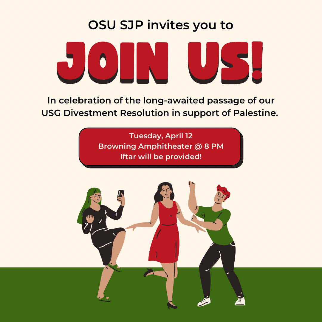 Join us for an Iftar dinner celebrating the passing of our long-awaited resolution! We invite everyone to come  out THIS TUESDAY at 8pm at the BROWNING AMPHITHEATER. We can’t wait to see you all there!! 🇵🇸🇵🇸