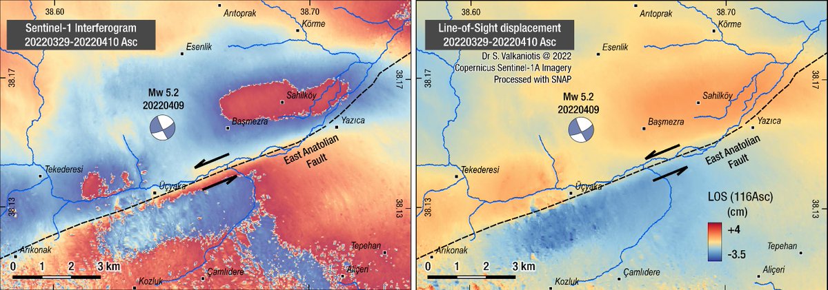 Shallow ~4-5 km rupture (Mw5.2) of along the East Anatolian Fault, south-west from the 2020 Mw 6.7 Elazığ earthquake. Co-seismic interferogram using Copernicus #Sentinel1 imagery, April 9 #earthquake eastern #Turkey