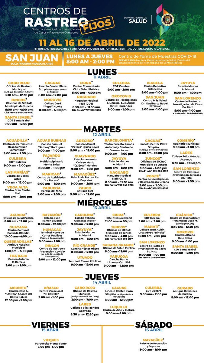 Conoce los centros de rastreo donde nuestros Profesionales de Salud estarán realizando pruebas de detección contra el COVID-19. Si vives en o cerca de los siguientes municipios, comparte la información. ¡#HazteLaPrueba!

#CentrosDeRastreo #PuertoRicoSeProtege