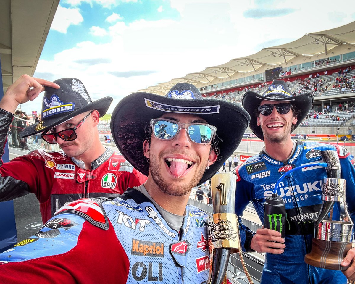 MotoGP's tweet photo. Our #MotoGP cowboys 🤠🤠🤠 

🥇 @Bestia23 
🥈 @Rins42
🥉 @jackmilleraus

#AmericasGP 🇺🇸 #GP500 https://t.co/ZOrURgkOh4