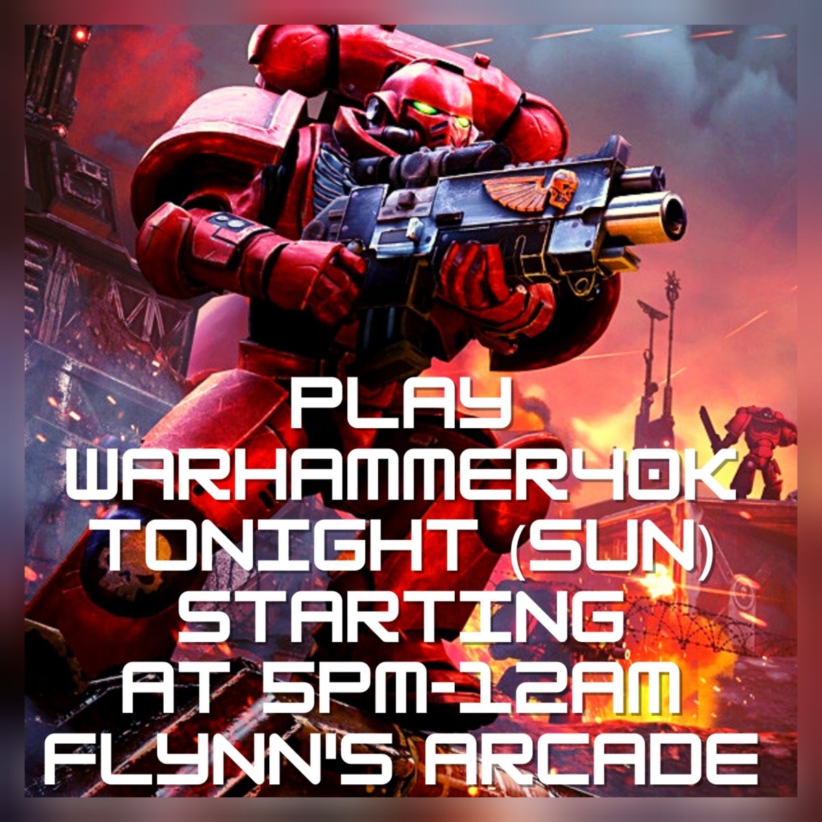 Flynnsgamingfl's tweet photo. WarHammer40K Tonight (Sun) at Flynn's Arcade & More ⚔️ all are welcome ~ tons of room 😊 New & seasoned players are welcome ~ multiple tables running #GamesWorkshop #warhammer40k #warhammer #spacemarines #darkforge https://t.co/W9YpsvuDoQ