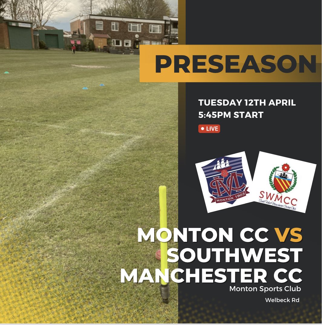 MontonCC's tweet photo. 3 more preseason games for Monton this week with 1sts, 2nds and 3rds in action across the week. We start with a 3rd XI T20 game v @SOUTHWESTMCRCC followed by games for 1s and 2s v @UrmstonCC 
#preseason2022 https://t.co/nbfbBPV9gi