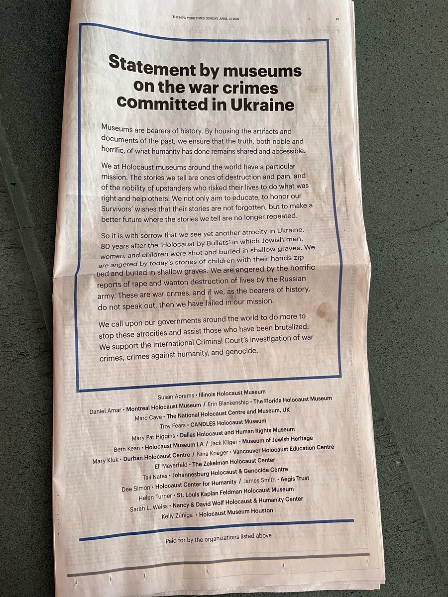 HolocaustCentUK's tweet photo. The National Holocaust Museum joins museums around the world to speak out against Russian war crimes - and potentially worse - in Ukraine. See our statement in today's @nytimes.

#MuseumsForUkraine https://t.co/ZasGemwWHv