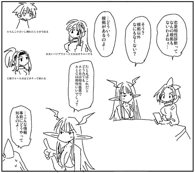 サキュバス「他の何で診断するっていうの」
人間「名前の文字の画数とか血液型とかで…」
サキュバス「意味が分からない」
人間「…うん…たしかに」 