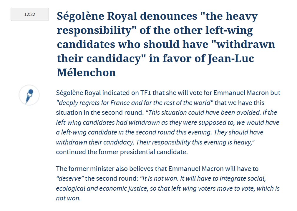 Segolene Royal, Socialist Party nominee for the 2007 French presidential election, condemns candidates of the left who didn't drop out and endorse Melenchon. "... we would have a left-wing candidate in the second round. They should have withdrawn. Their responsibility is heavy"