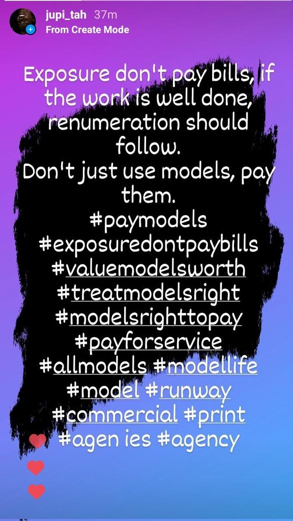 Ademson4's tweet photo. Don't take models for granted, don't use them and hold the pay, don't go back on your agreement. Exposure never paid a bill, free stuff don't do a thing. Kindly pay models for their services.
#paymodels #valuemodelsworth #exposuredontpaybills #modelsrighttopay #kindlyrenumerate https://t.co/cLz6u9djPi
