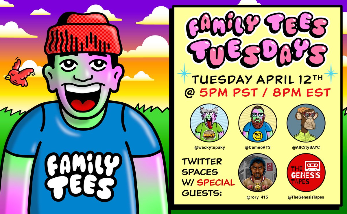 FamilyTeesNFT's tweet photo. Hey FAM!! The team is back at it again with another FamilyTeesTUESDAY hosting our pal @rory_415 and his AWESOME @TheGenesisTapes project 💥💥

Tune in on Tuesday, April 12th at 5pm PST for an hour of good conversation with cool peeps and fun giveaways!!

#NFTCommunity #NFTArt https://t.co/8E62LNwk7Z