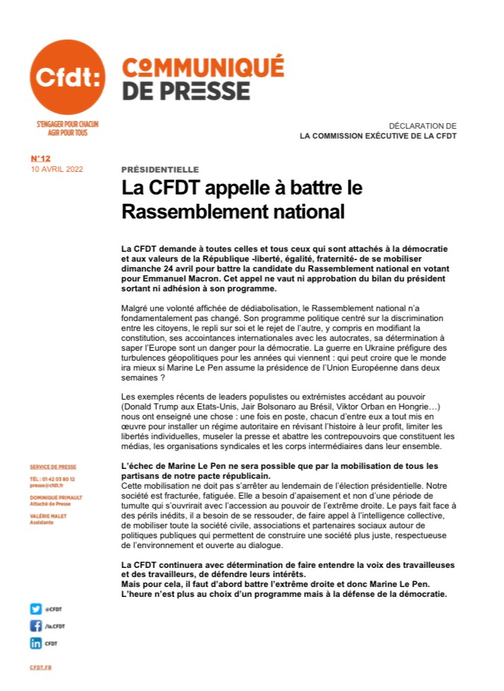 Communiqué de presse de la CFDT publié le 10 avril 2022. Déclaration de la commission exécutive de la CFDT : Présidentielle - La CFDT appelle à battre le Rassemblement national.