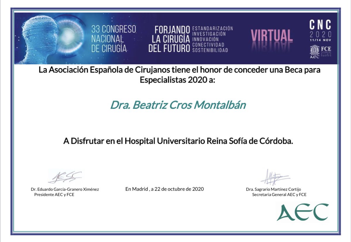 CrosBeatriz's tweet photo. Y a la @aecirujanos por brindarme esta oportunidad a través de la realización del mencionado Máster @MIAGB2, Andrés Valdivieso y por concederme la Beca Especialista de la AEC, siendo un honor para mí. Eduardo García-Granero, @smoralesconde, @raquelsanchezdr, @elenamartin2222. https://t.co/vrZyPAU6oU